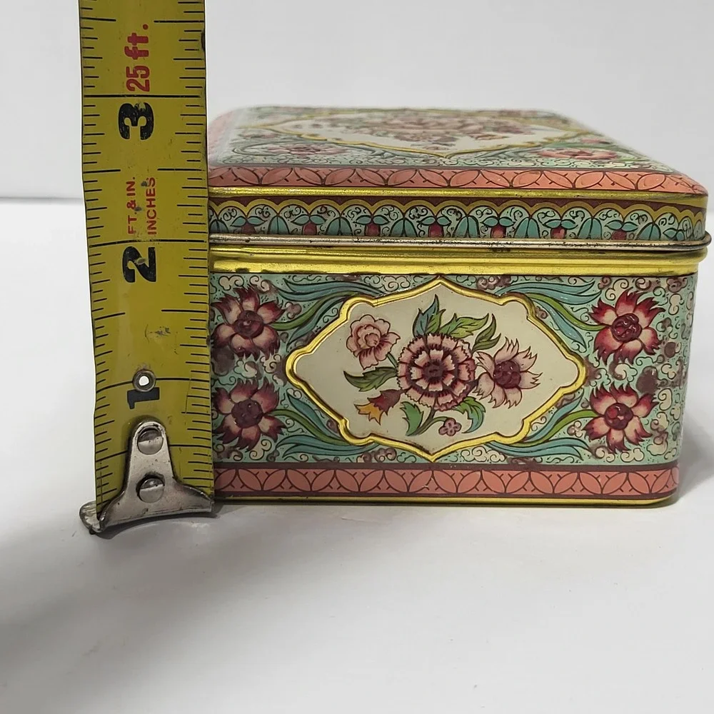 Vintage Floral Metal Tin Made in Holland Hinged Lid Rectangular Storage Box 60s*